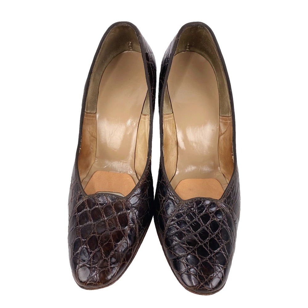 Luxury Leather Pumps Women's 6.5 Brown Croc Embossed All Leather Kitten Heels 37 - Picture 5 of 9
